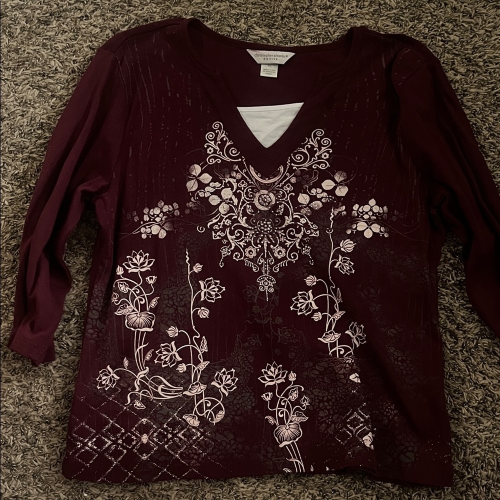 Christopher & Banks Burgundy Long Sleeve V-Neck Top with White Floral Motif